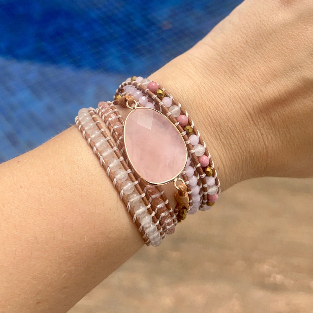 Bracelete Quartzo Rosa Pedra Central